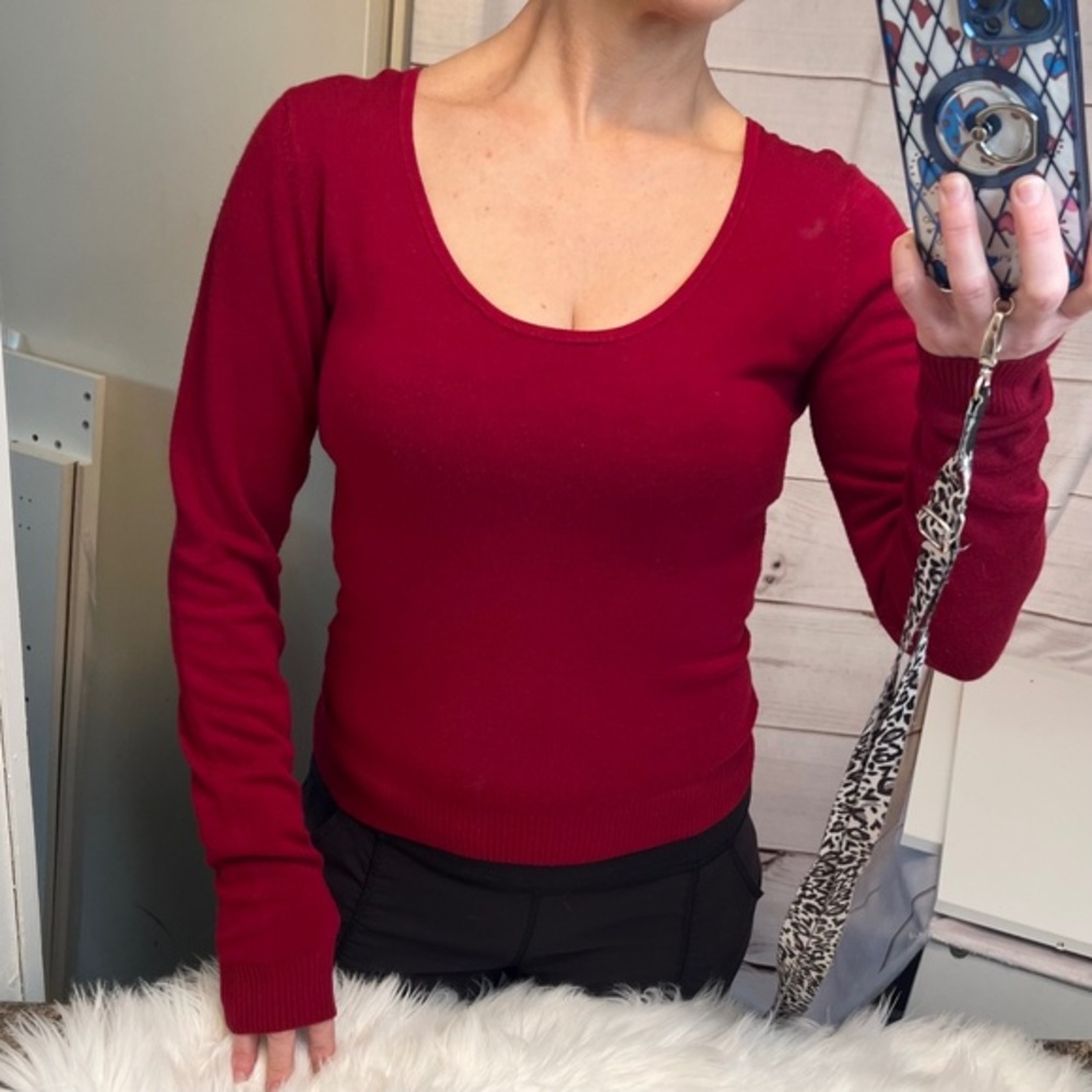 |•ZARA•| Dark Red Burgundy Swoop Neck Fitted Sweater X-long Sleeves